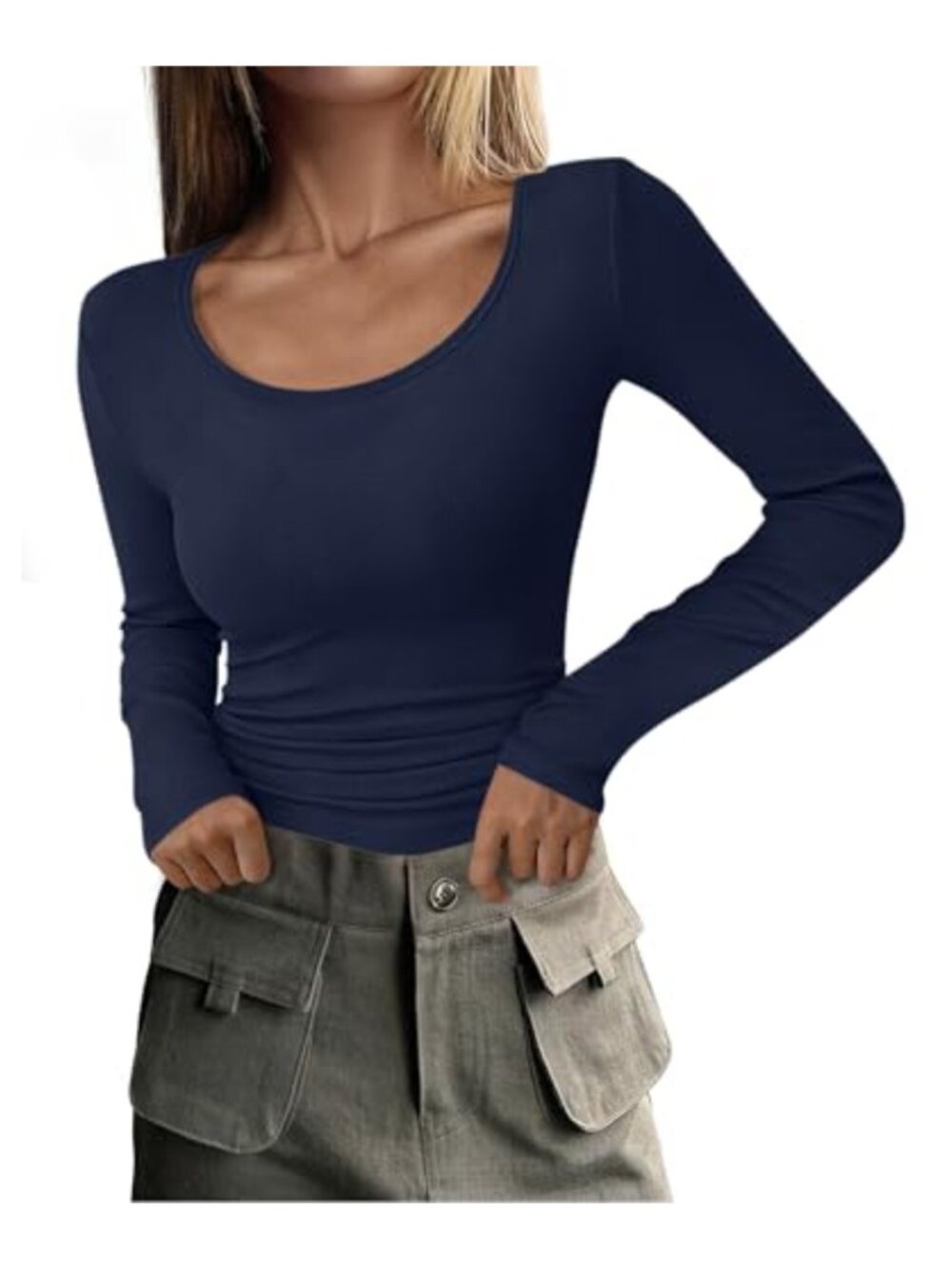 Ribbed Knit Slim Fitted Long Sleeve Scoop Neck Basic Tee